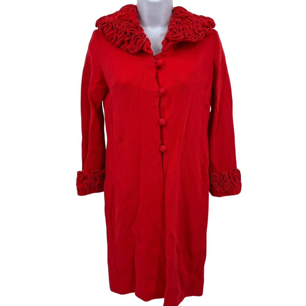 Vintage 60s Lipstick‎ Red Dress Ruffled Collar Cuffs Abella Paris Size M Pinup